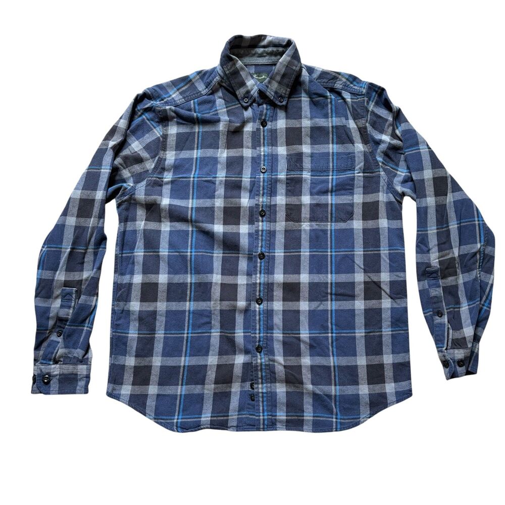 Eddie Bauer Shirt Mens Medium Button Down Plaid Blue Black USA Casual Sz M